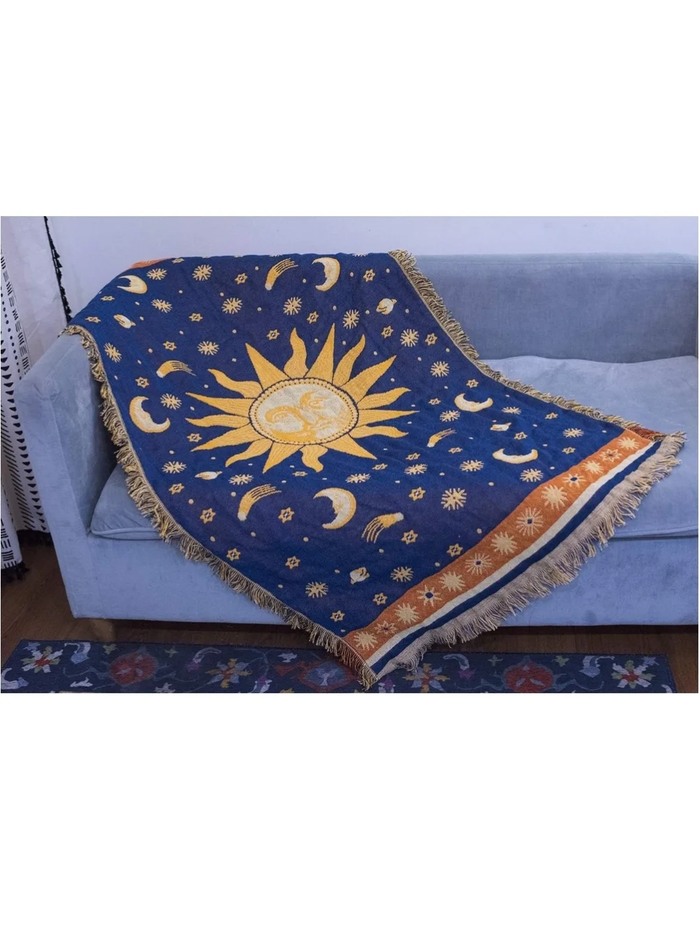 Sun & Moon Tapestry Throw Blanket - Navy and Gold 35x60